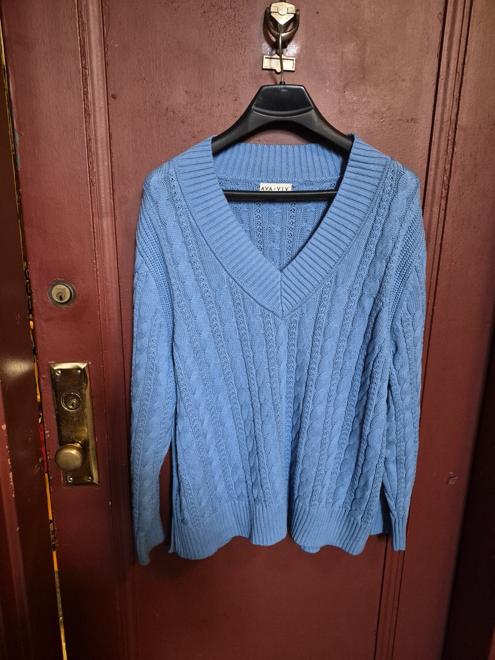 AVA & VIV Blue Cable Knit V-Neck Sweater